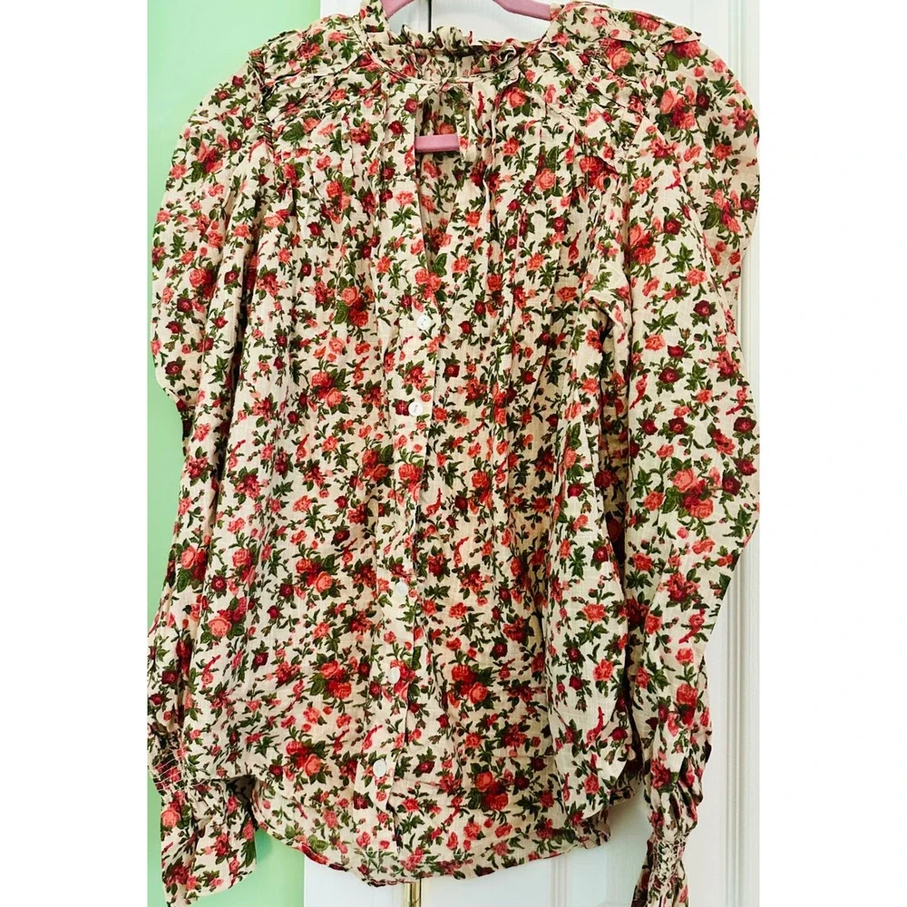 Free‎ People Floral Blouse with Tie Neck Long Sleeve Smocked  Ruffle Cuffs XS